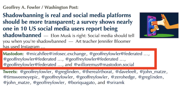 Screenshot of a section of the Techmeme.com news site with a red box around a section of Mastodon posts.