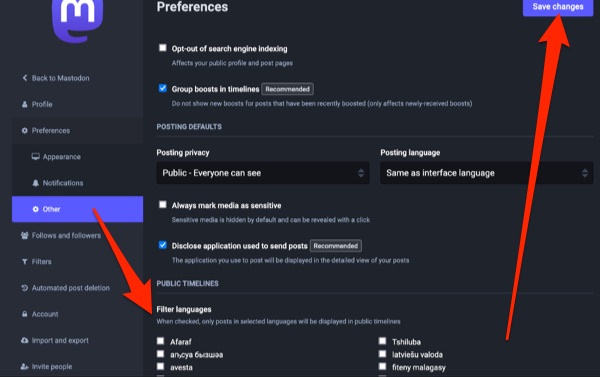 mastodon-filtering-languages.jpg Screenshot of Mastodon preferences panel allowing you to filter posts based on languages