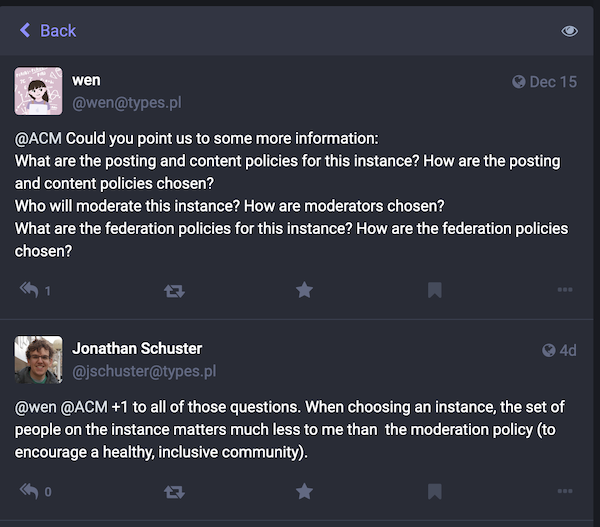 screenshot of two Mastodon replies asking the ACM for more details around their content moderation policies