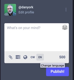 change-language-mastodon.jpg screenshot of the window for posting a message to Mastodon showing the menu to change the language