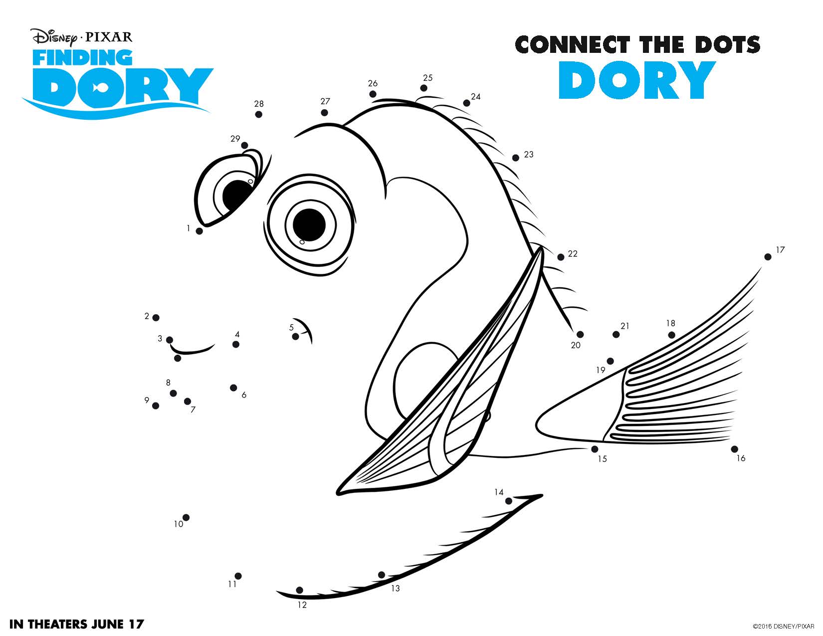 Finding Dory movie printable connect the dots printable activity sheet for kids.
