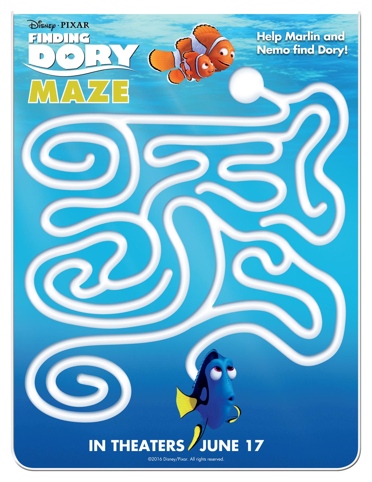 Finding Dory movie printable maze activity for kids. Colorful, fun activity that kids can do while waiting fro the movie to come out!